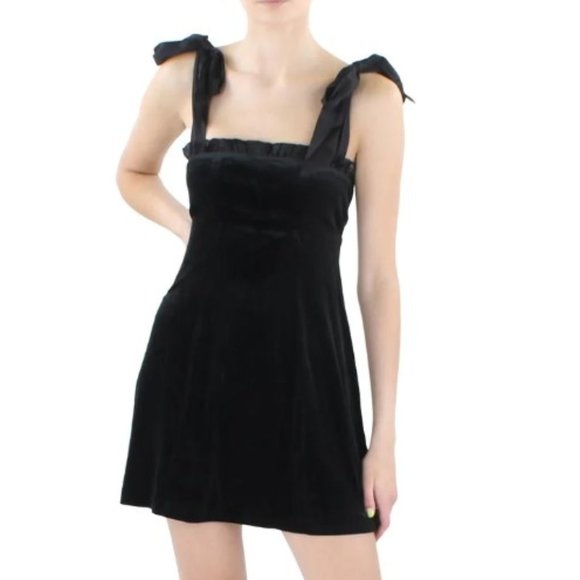 NWT DANIELLE BERNSTEIN Womens Preppy Black Tie Ruffled Velvet Mini Dress Size L - Picture 1 of 6